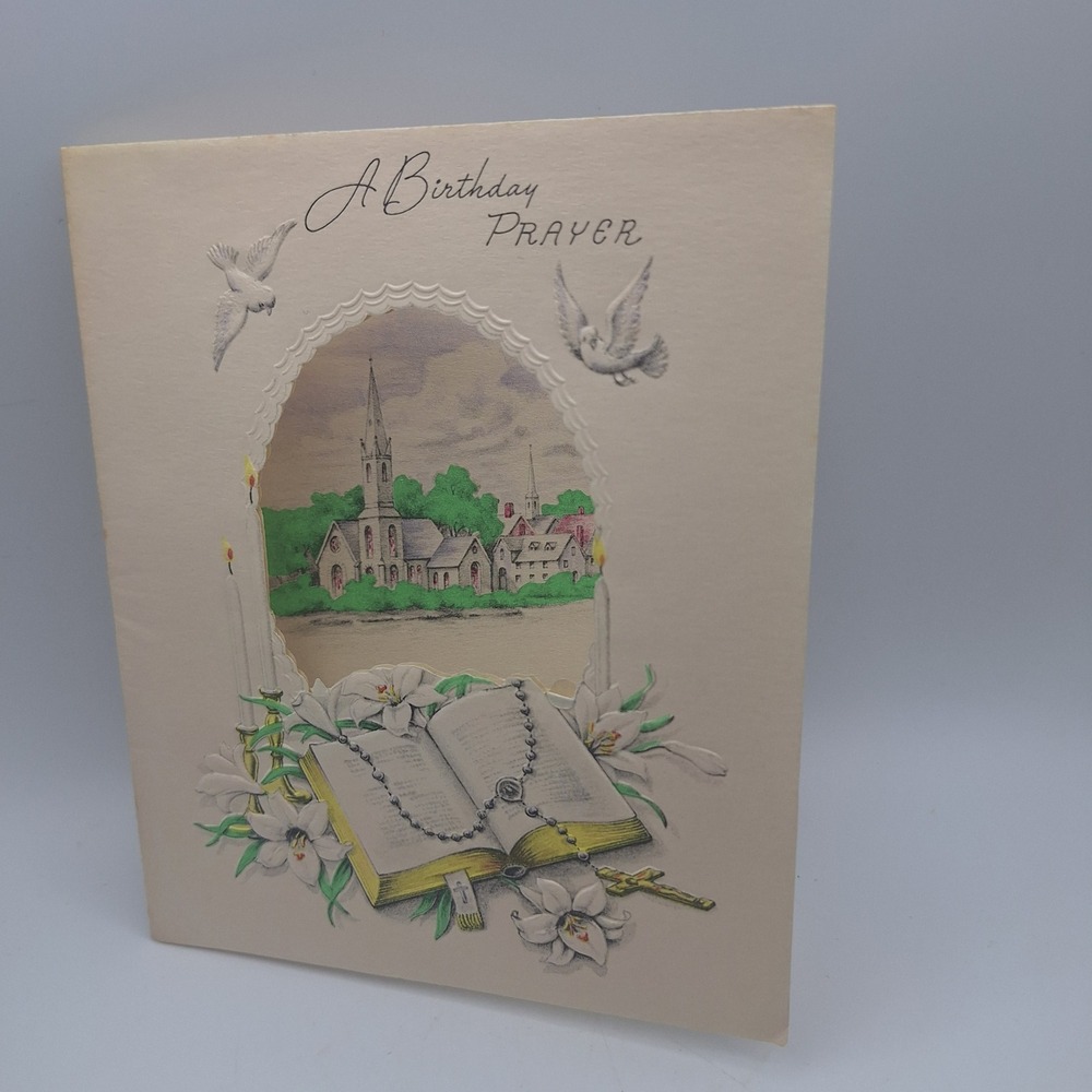 Vintage 1950 Birthday Prayer Greeting Card‎ Lilies Church Doves Religious